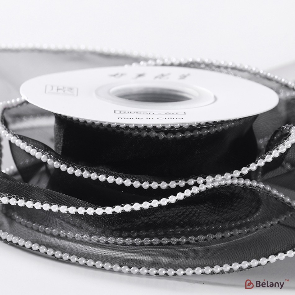 Panglică din organza "Pearl", negru,  4cm / 4,57m #171
