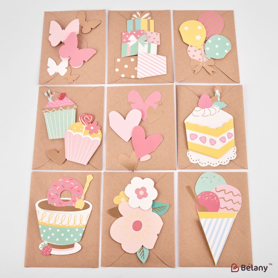 Gift cards with envelope, 18 pcs, 9 designs, 15.5x12.5cm