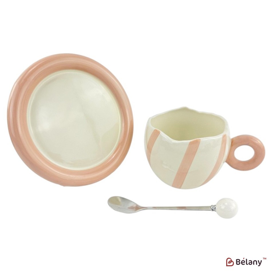 Cana din ceramica cu farfurie si lingura "Purr Purr" alb si roz | 2