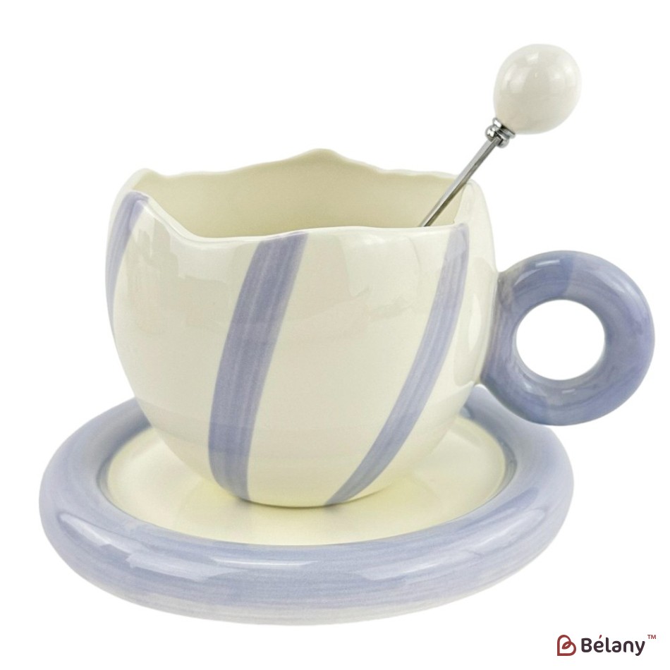 Cana din ceramica cu farfurie si lingura "Purr Purr" alb cu liliac