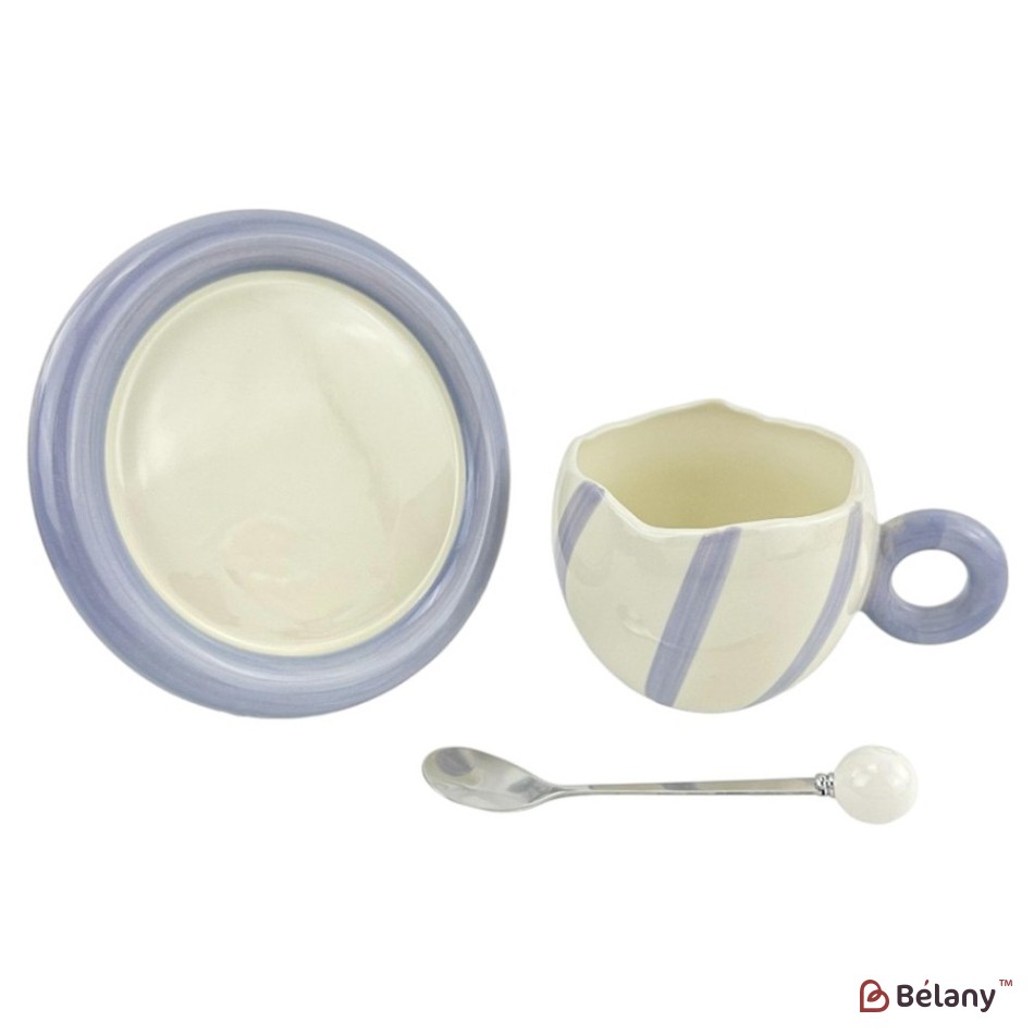 Cana din ceramica cu farfurie si lingura "Purr Purr" alb cu liliac | 2