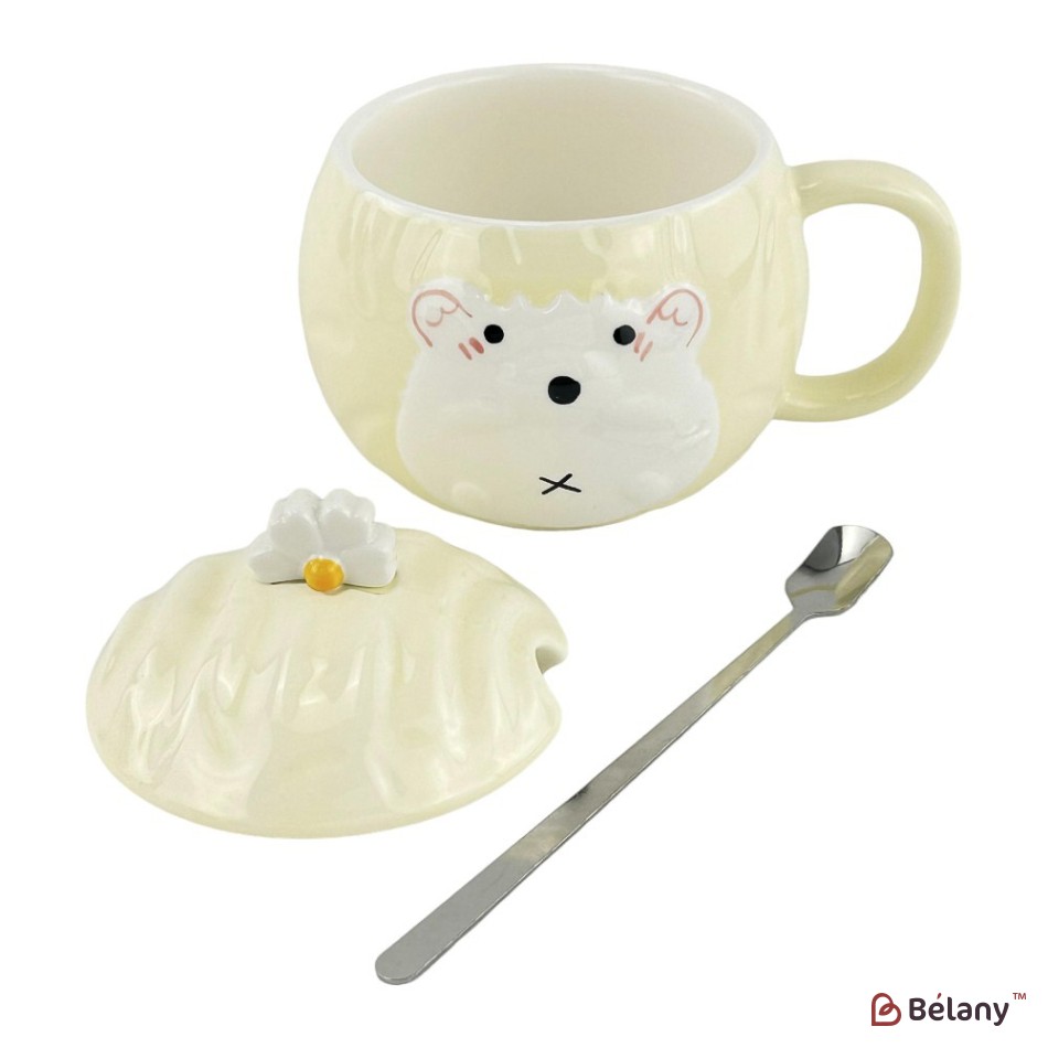 Cana ceramica cu capac si lingura crema "Arici" | 2