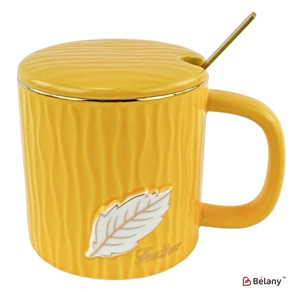 Cana ceramica cu capac si lingura "Feather" galben