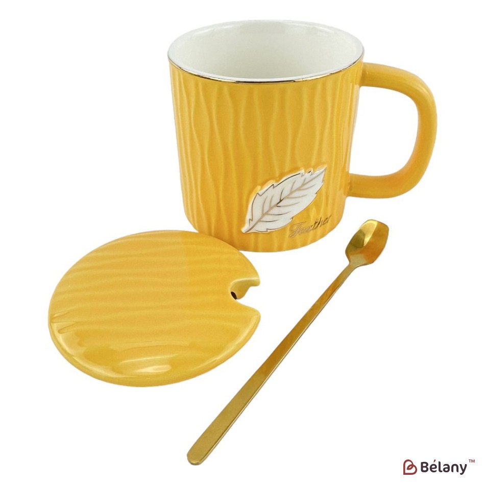 Cana ceramica cu capac si lingura "Feather" galben | 2