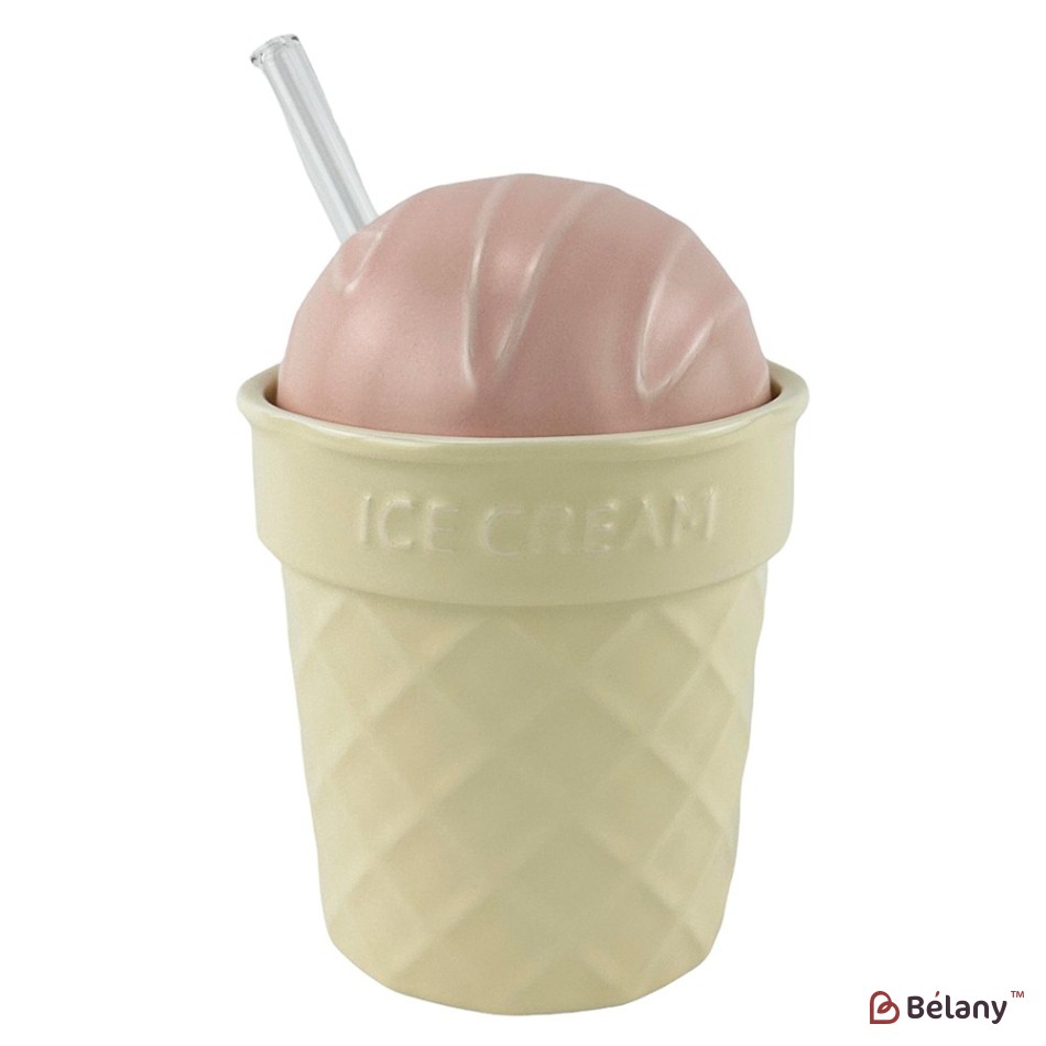 Cana ceramica cu capac roz si lingura de sticla "Horn"