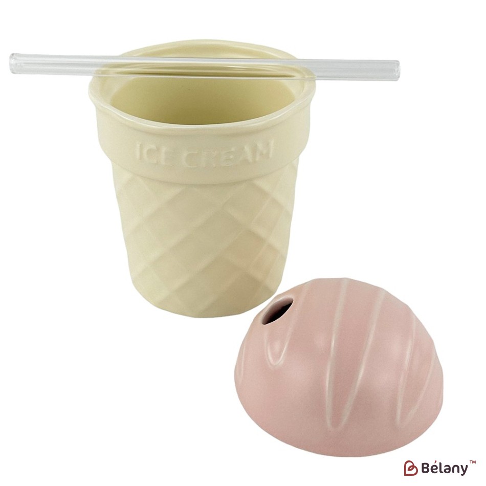 Cana ceramica cu capac roz si lingura de sticla "Horn" | 2