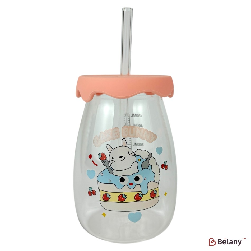 Glass sippy cup with pink lid and straw “Happy Baby”
