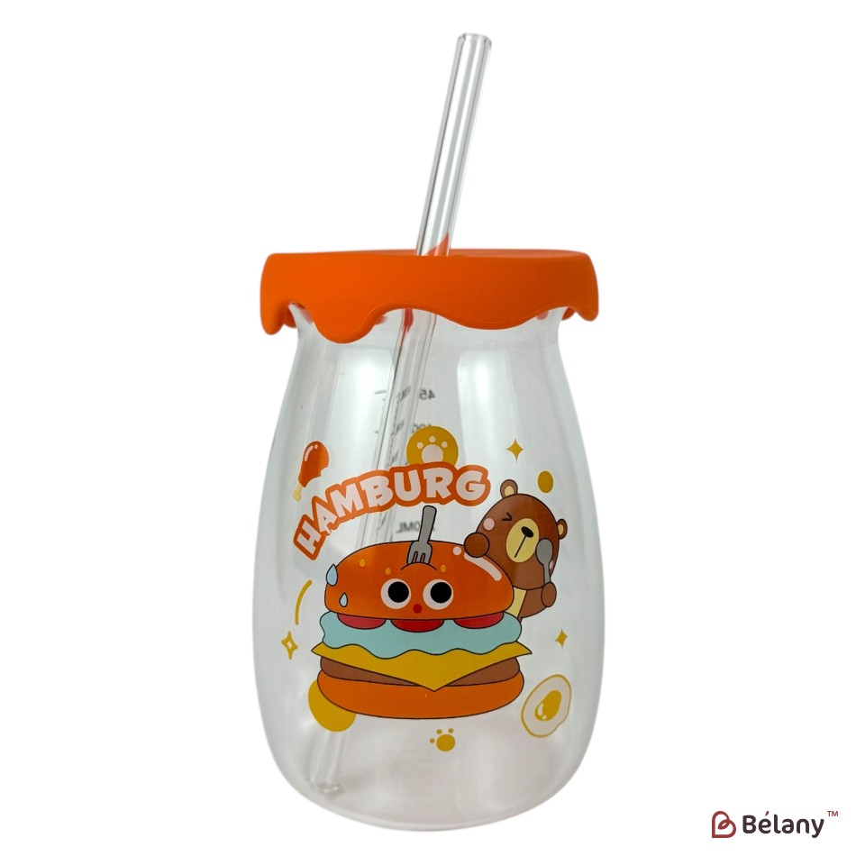 Glass sippy cup with orange lid and straw “Happy Baby”