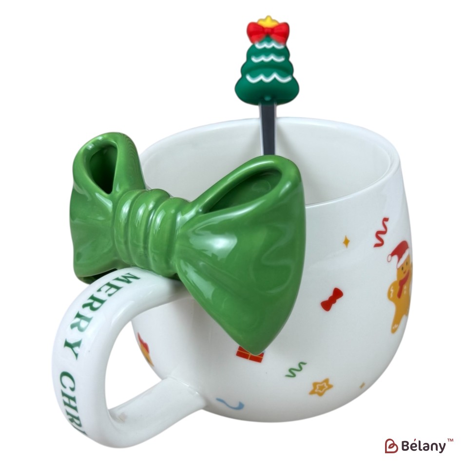 Cană de Crăciun „Funny Xmas” alb cu mâner verde și Omuleț de Turtă Dulce, 420 ml | 2