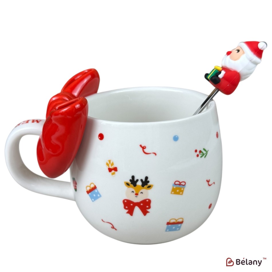 Cană de Crăciun „Funny Xmas” alb cu mâner roșu și Ren cu fundiță, 420 ml
