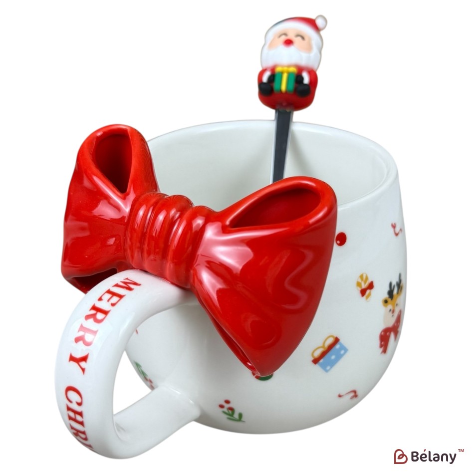 Cană de Crăciun „Funny Xmas” alb cu mâner roșu și Ren cu fundiță, 420 ml | 2