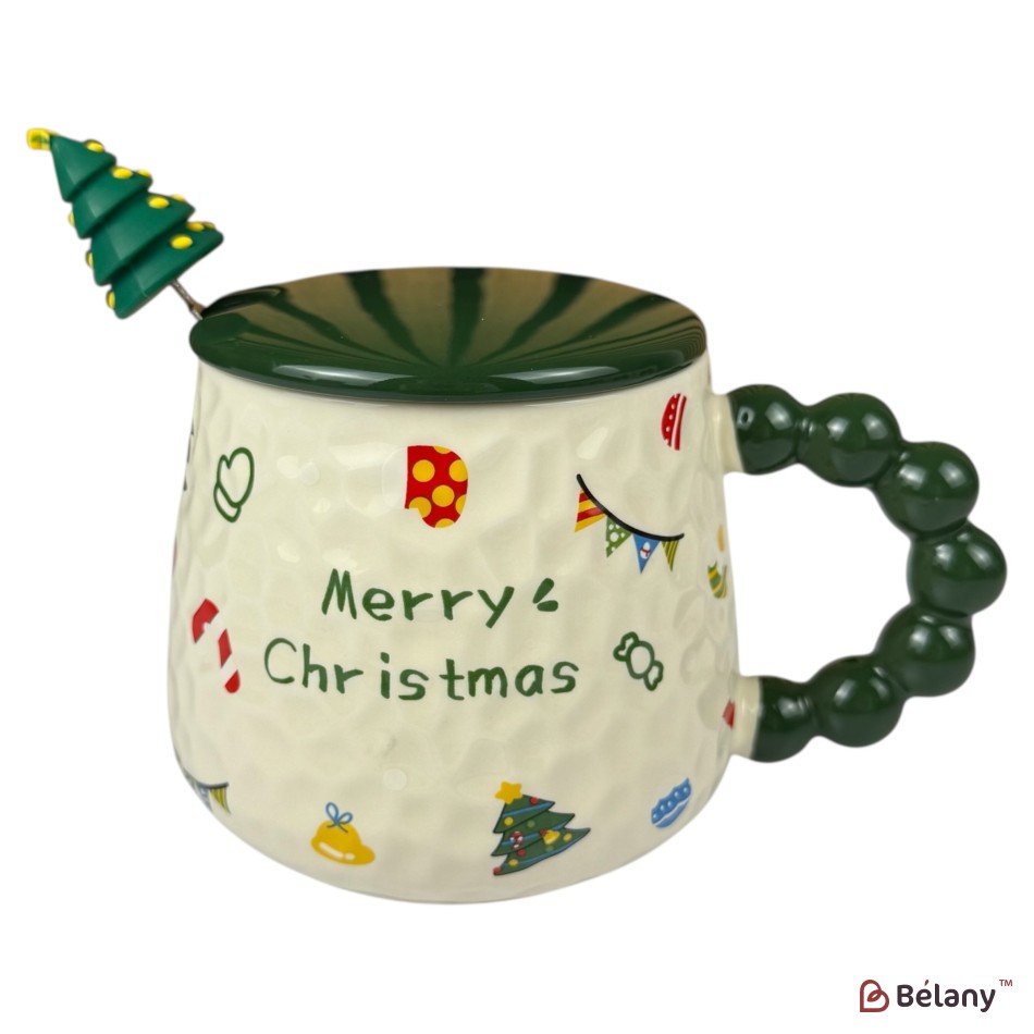 Cană de Crăciun „Merry Christmas” verde cu capac verde și linguriță brăduț, 400 ml