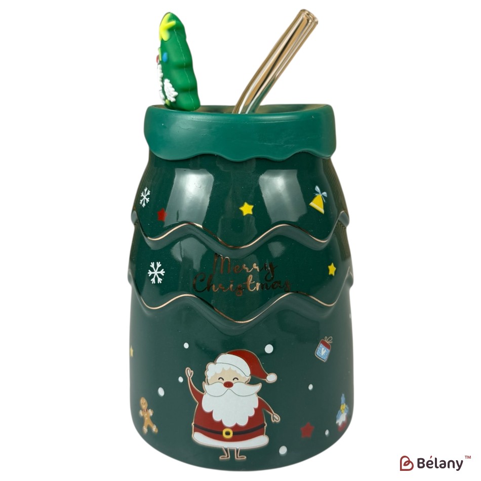Cană de Crăciun „Pom de iarnă” verde cu Moș Crăciun și pai metalic, 450 ml