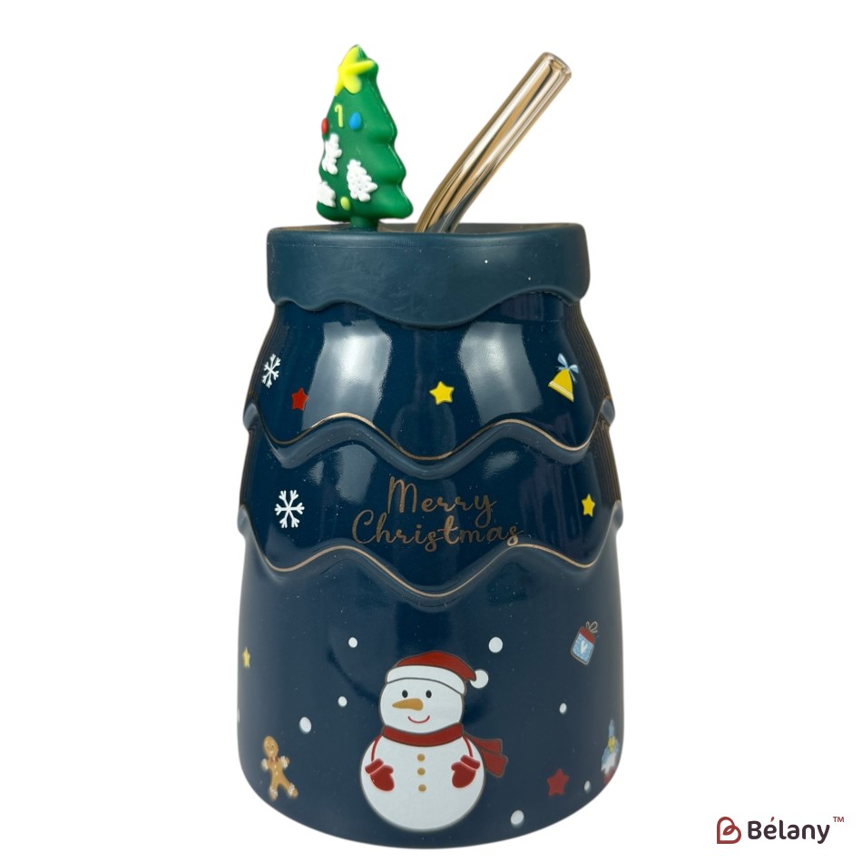 Cană de Crăciun „Pom de iarnă” albastră cu om de zăpadă și pai metalic, 450 ml