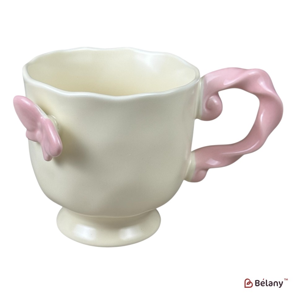 Cană din ceramică „Fluture” crem cu roz, 430 ml