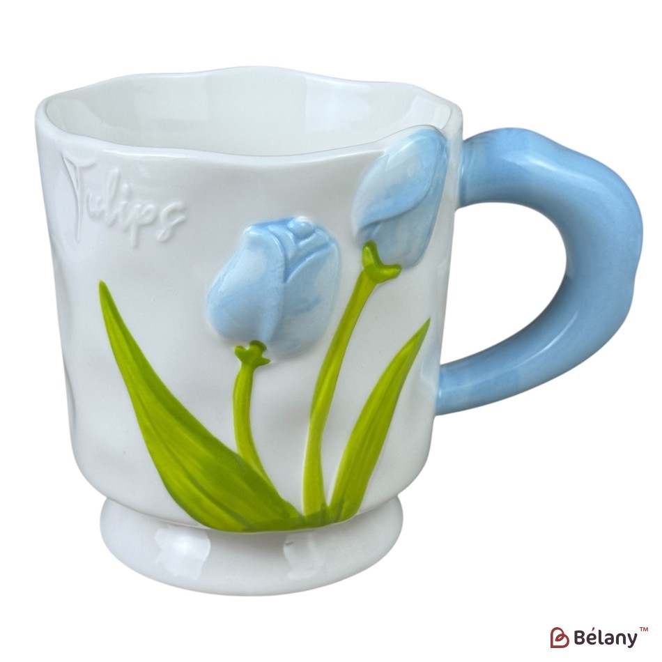 Cană din ceramică „Tulips” albastră, 400 ml