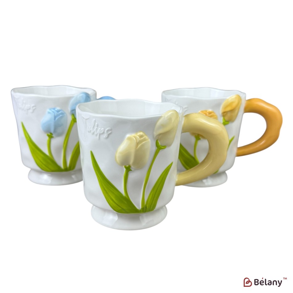 Set 3 căni din ceramică „Tulips”, 400 ml, Mix 3 culori