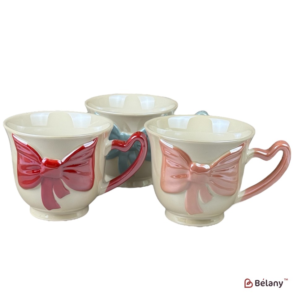 Set 3 căni din ceramică „Fundă 3D”, 480 ml, mix 3 culori