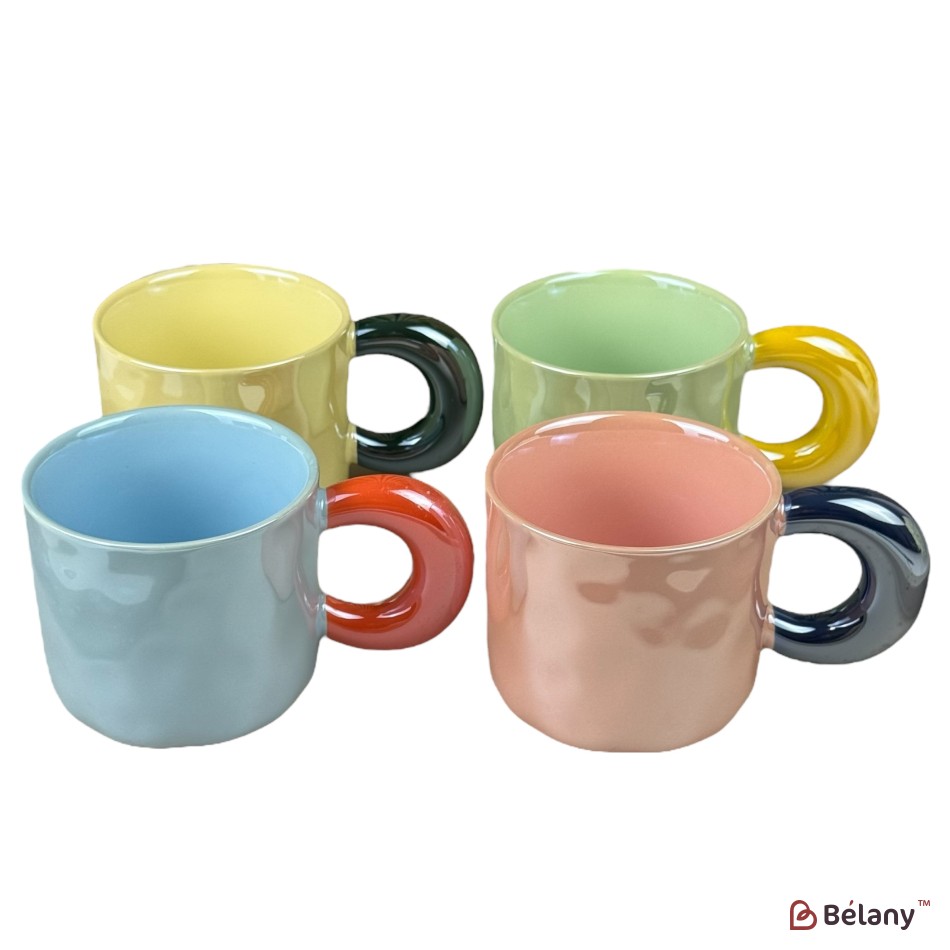 Set 4 căni din ceramică „Ring Handle”, 430 ml, mix 4 culori
