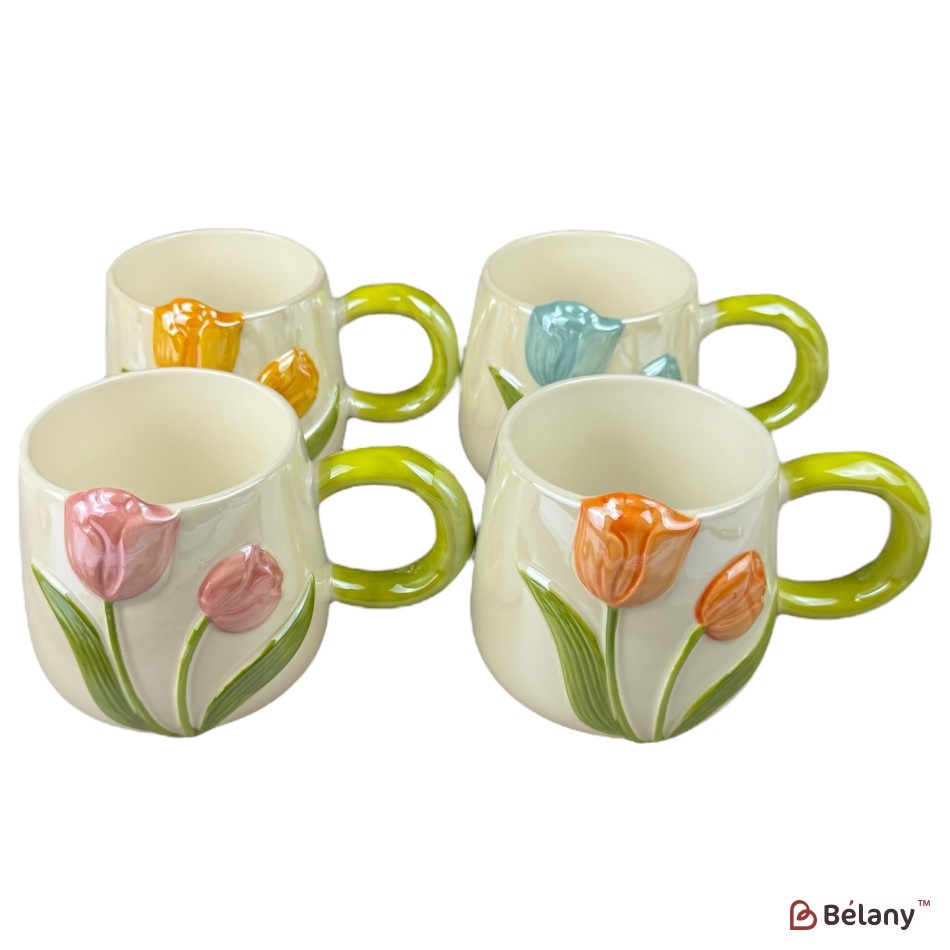 Set 4 căni din ceramică „Lalea 3D”, 430 ml, mix 4 culori