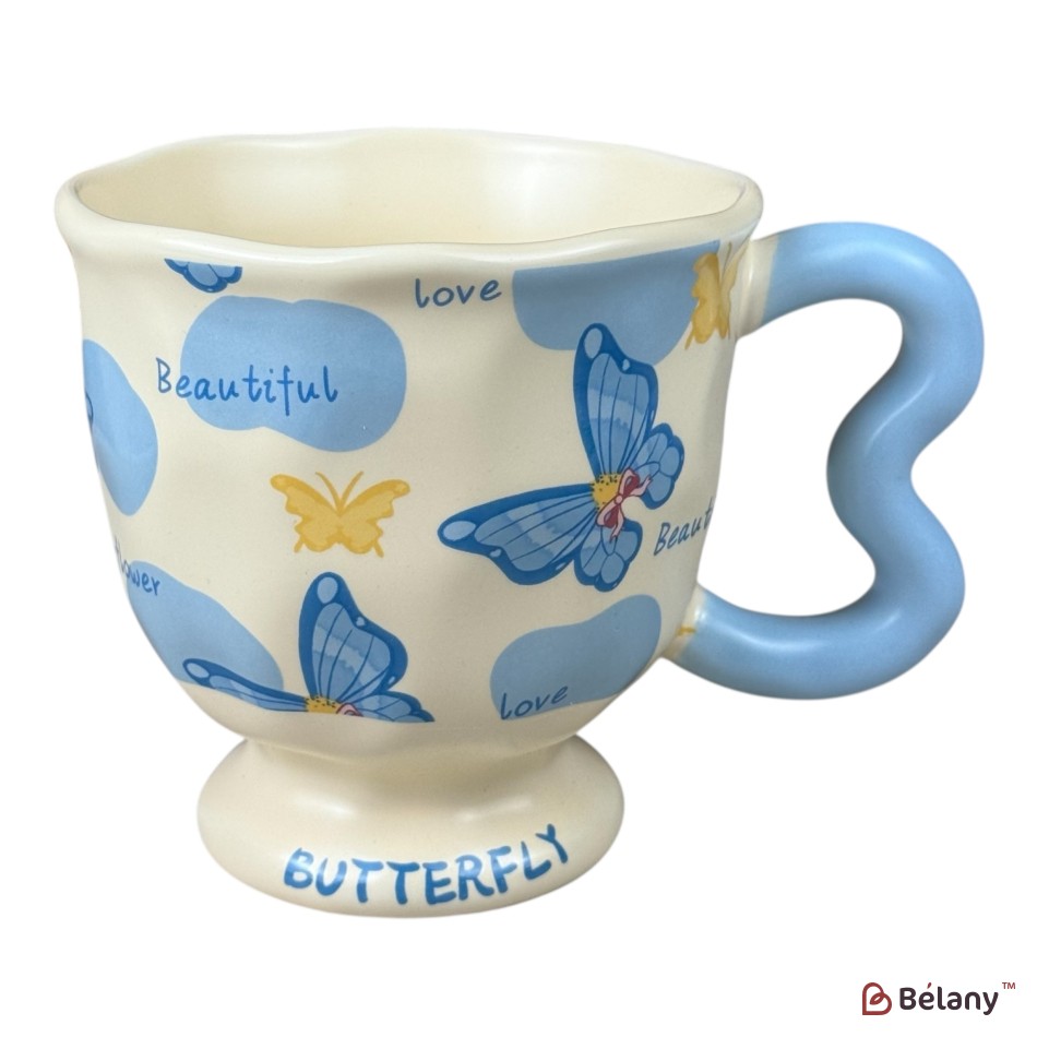 Set 4 căni din ceramică „Butterfly” cu fluturi colorate și mâner ondulat, 400 ml | 3