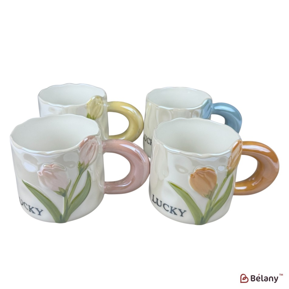 Set 4 căni din ceramică „Lucky Tulip” cu flori în relief și mâner colorat, 380 ml