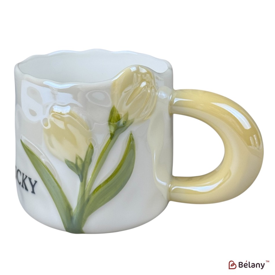 Set 4 căni din ceramică „Lucky Tulip” cu flori în relief și mâner colorat, 380 ml | 2