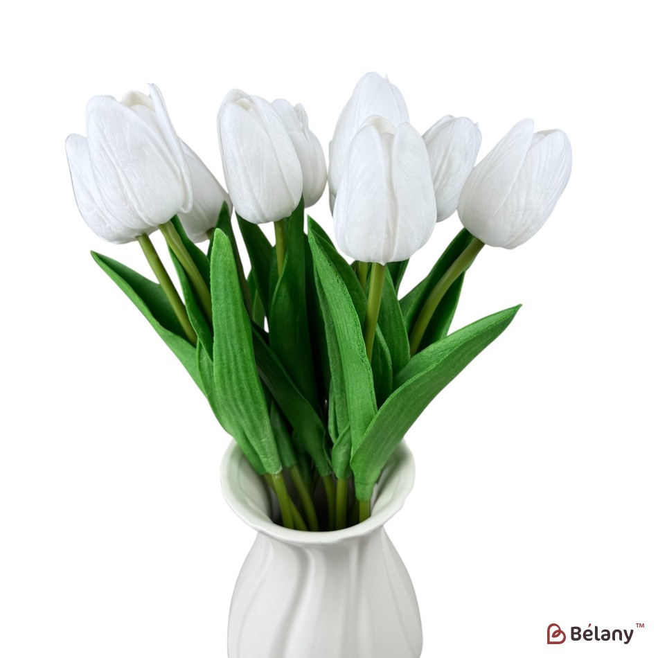 Buchet de lalele artificiale din silicon „Alb”, 10 fire, 33 cm