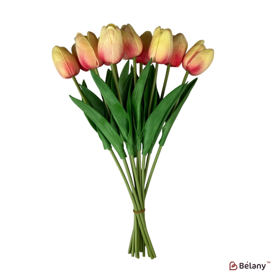 Buchet de lalele artificiale din silicon „Galben cu roz”, 10 fire, 33 cm | 2