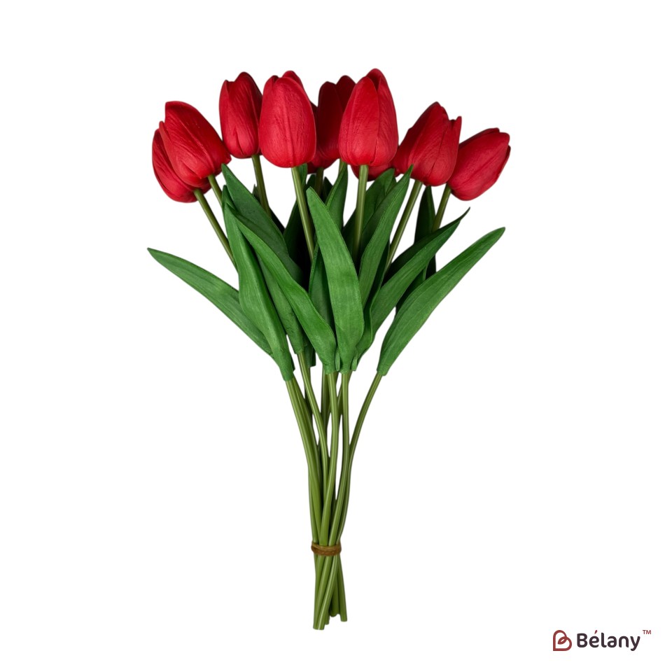 Buchet de lalele artificiale din silicon „Roșu”, 10 fire, 33 cm | 2