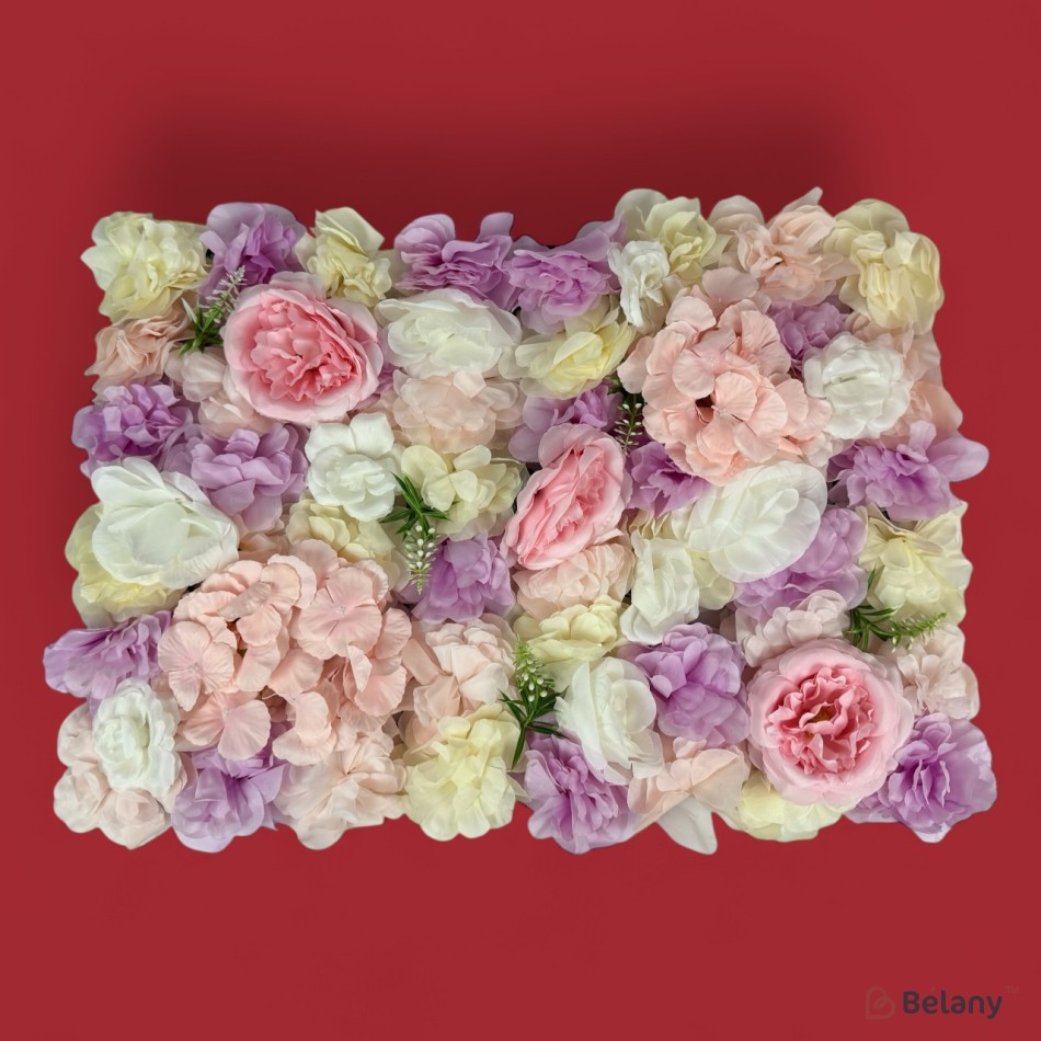 Panou decorativ cu flori mix pastel 40×60 cm – trandafiri, hortensii și bujori în nuanțe de roz, alb, crem și mov | 2