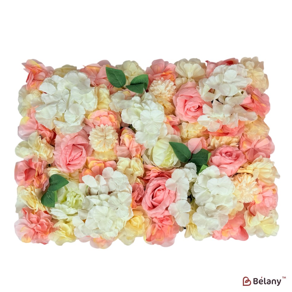 Panou decorativ cu flori 40×60 cm – hortensii albe, trandafiri roz și crizanteme crem