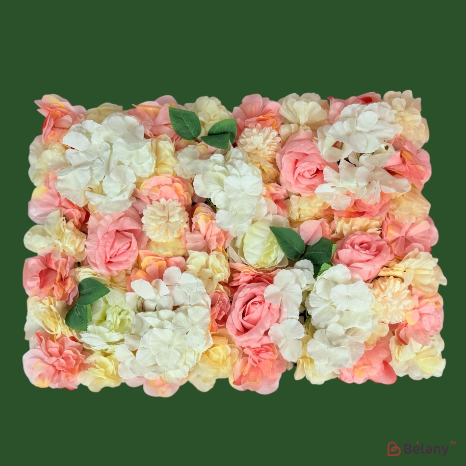 Panou decorativ cu flori 40×60 cm – hortensii albe, trandafiri roz și crizanteme crem | 2