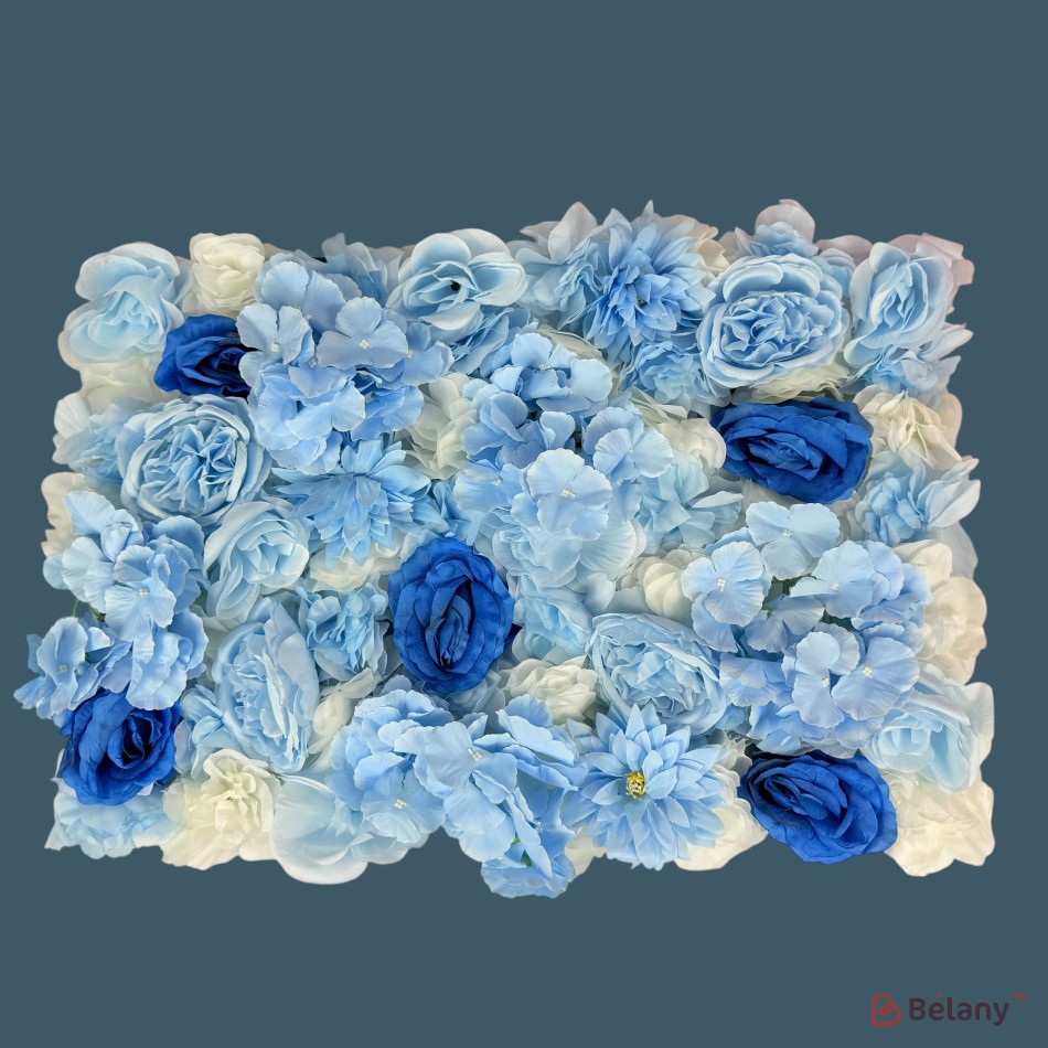 Panou decorativ cu flori 40×60 cm – hortensii albastre, trandafiri albaștri și crizanteme crem | 2