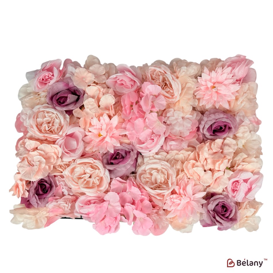 Panou decorativ cu flori 40×60 cm – dalii roz, hortensii roz pal și trandafiri mov