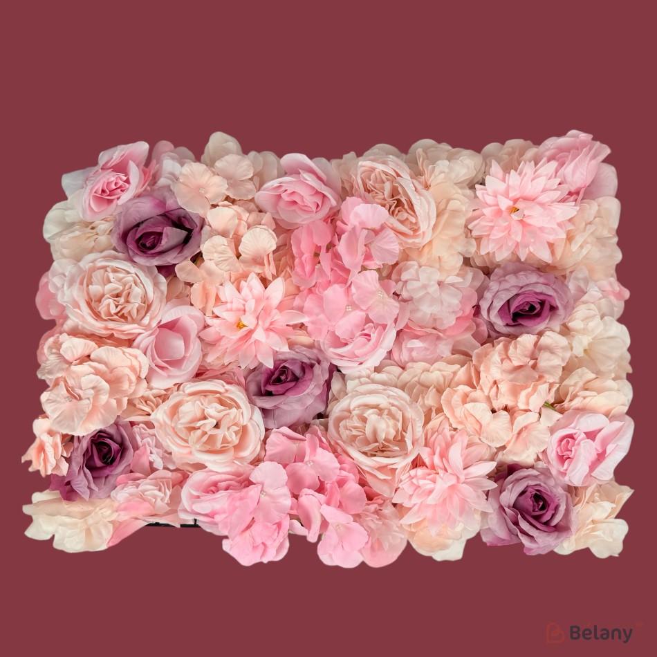 Panou decorativ cu flori 40×60 cm – dalii roz, hortensii roz pal și trandafiri mov | 2