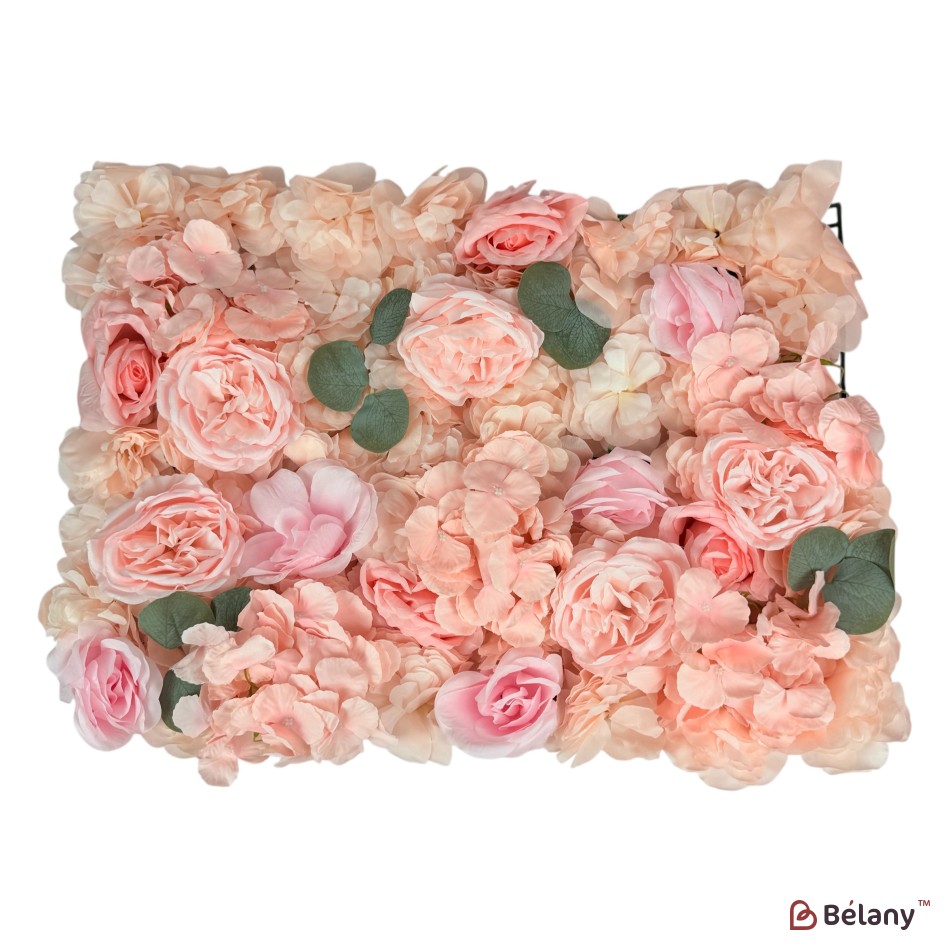 Panou decorativ cu flori 40×60 cm – trandafiri roz, hortensii roz pal și frunze verzi decorative