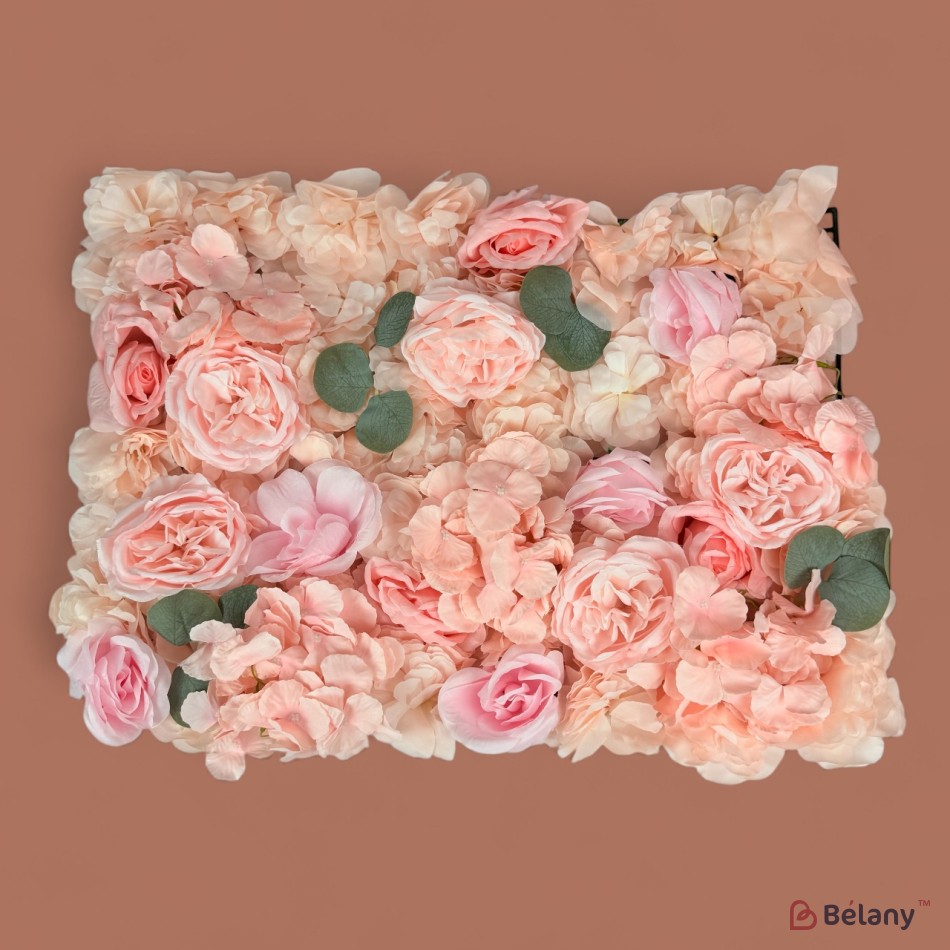 Panou decorativ cu flori 40×60 cm – trandafiri roz, hortensii roz pal și frunze verzi decorative | 2