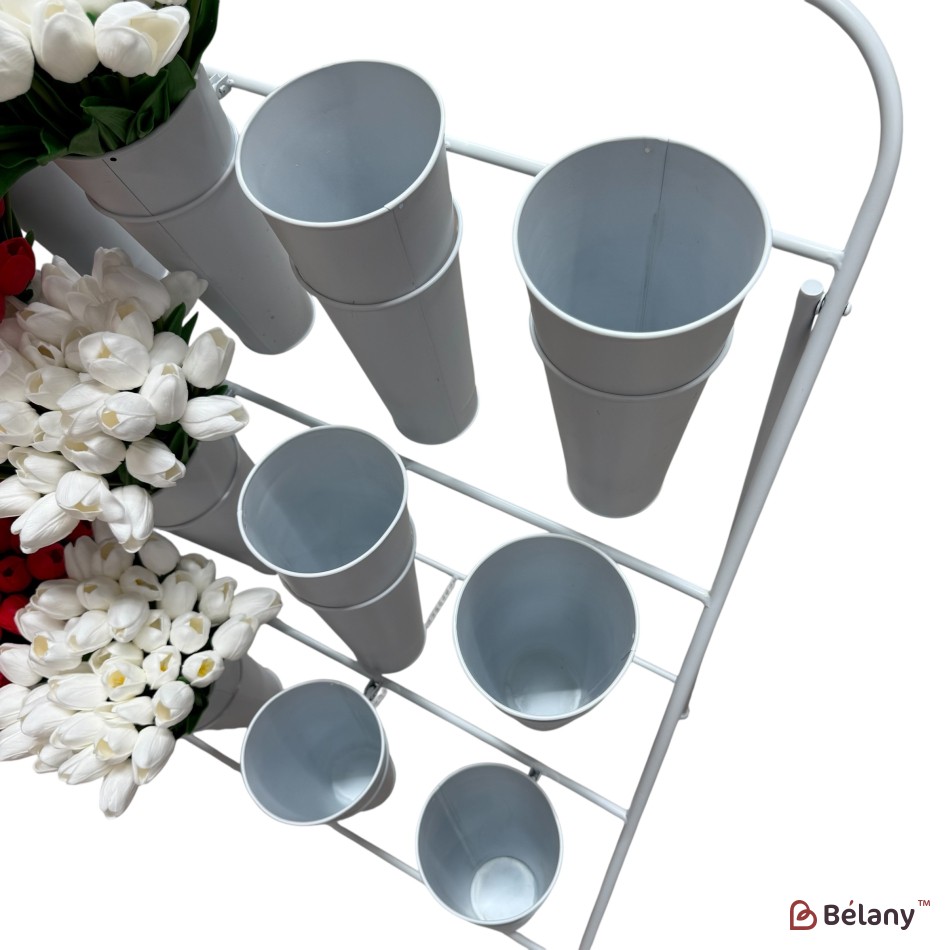 Vitrină florală metalică cu găleți 110×100×50 cm, alb, diametru găleată 22 cm | 3