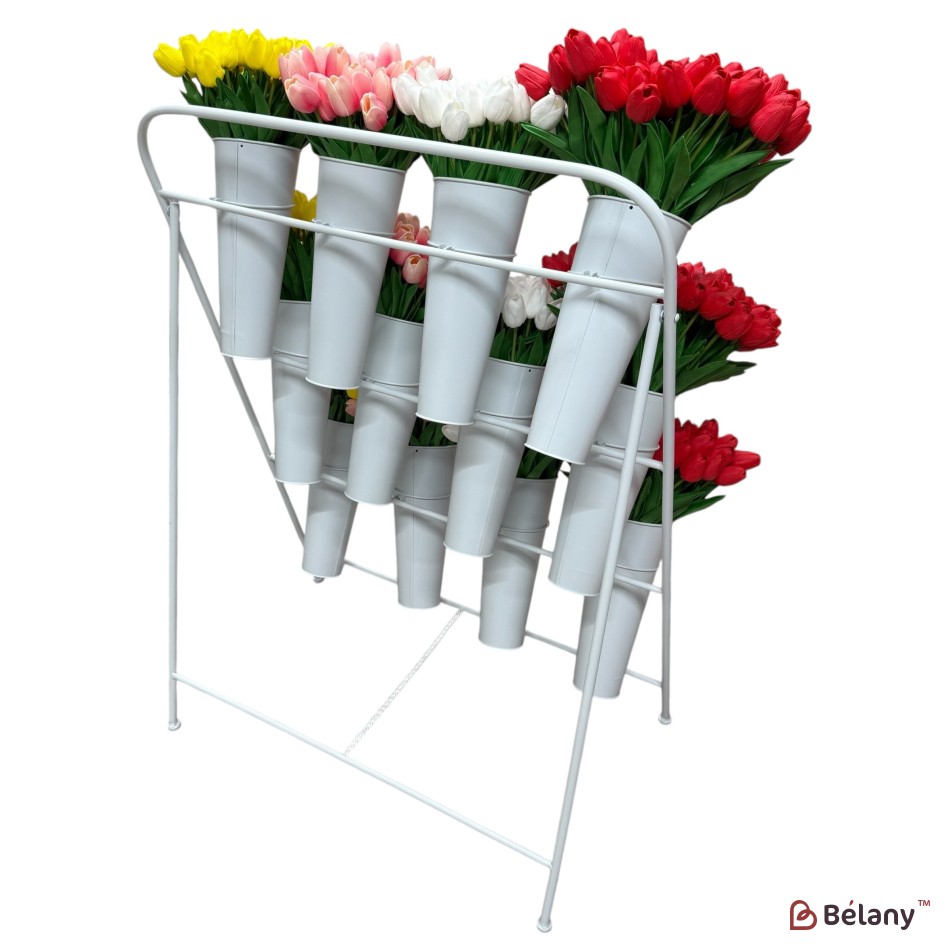 Vitrină florală metalică cu găleți 110×100×50 cm, alb, diametru găleată 22 cm | 4