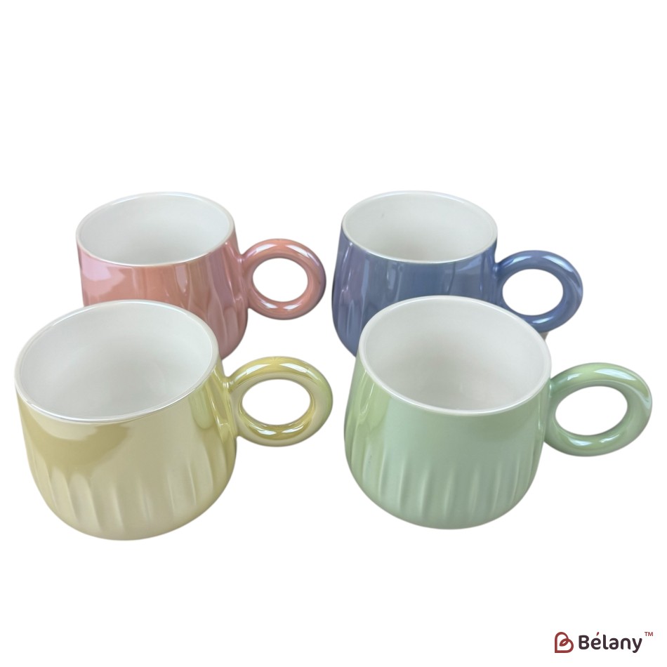 Set 4 căni din ceramică „Ring Pastel” cu mâner rotund și design lucios, 400 ml