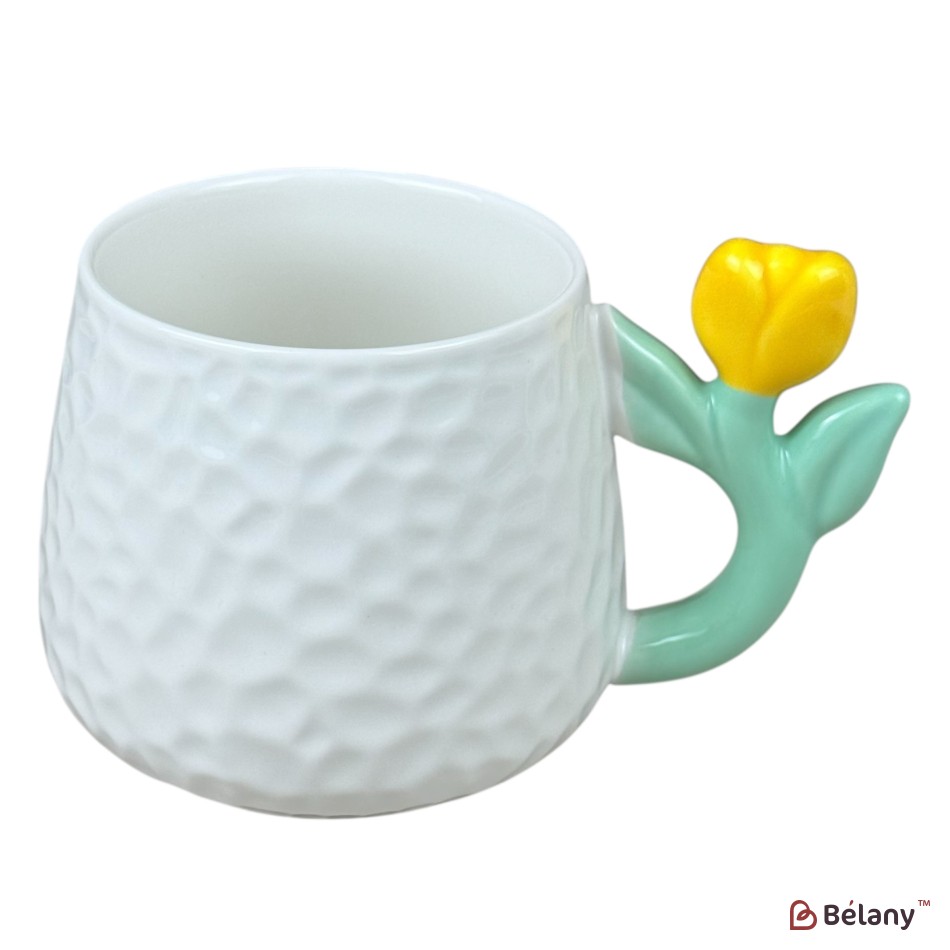 Cană din ceramică „Tulip Handle” albă cu mâner lalea galbenă, 380 ml