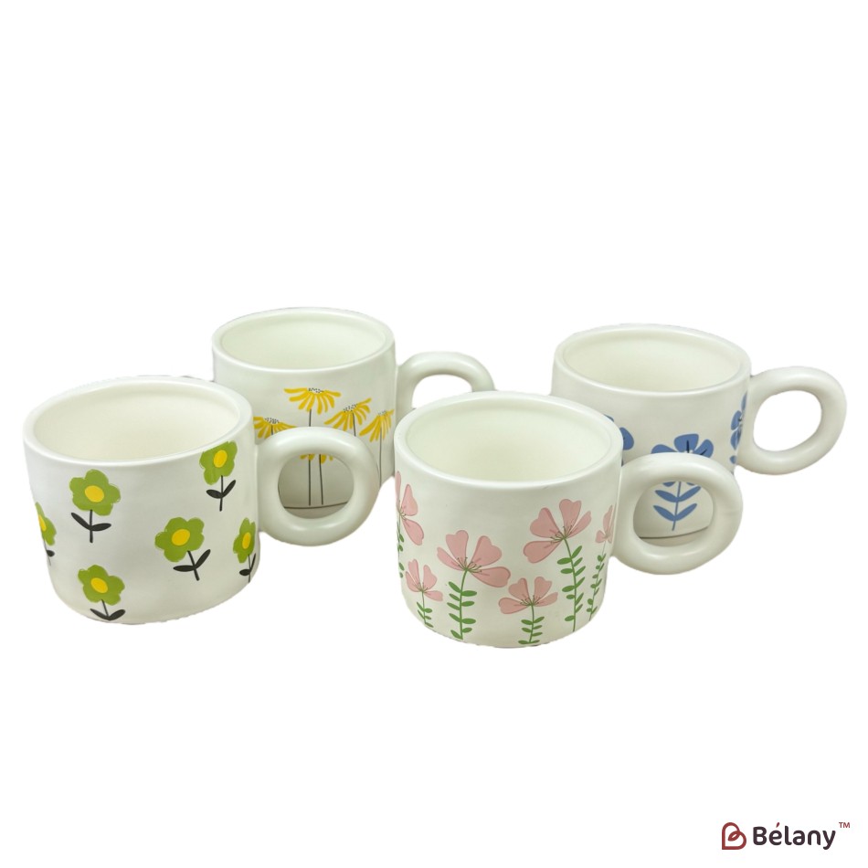 Set 4 căni din ceramică „Bloom Art” cu imprimeu floral colorat și mâner rotund, 420 ml