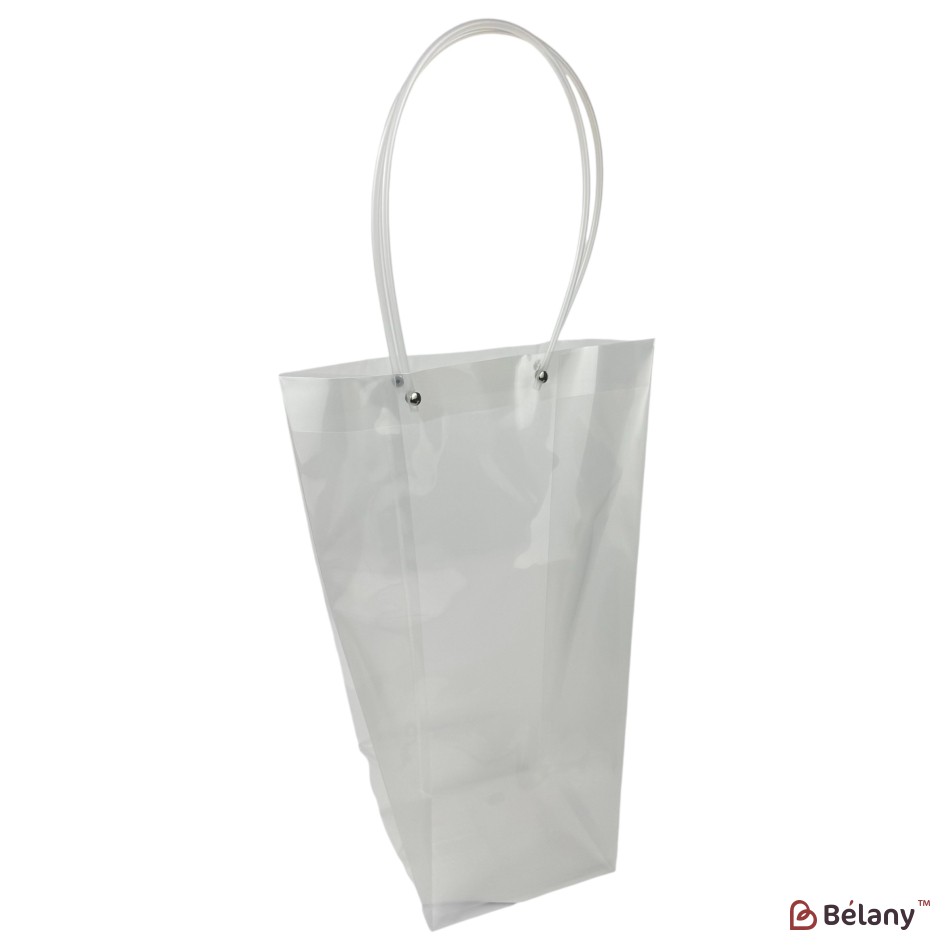 Geantă transparentă din PVC pentru flori cu mânere albe, 35×13×13 cm