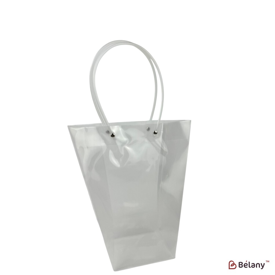 Geantă transparentă din PVC pentru flori cu mânere albe, 26×12×12 cm