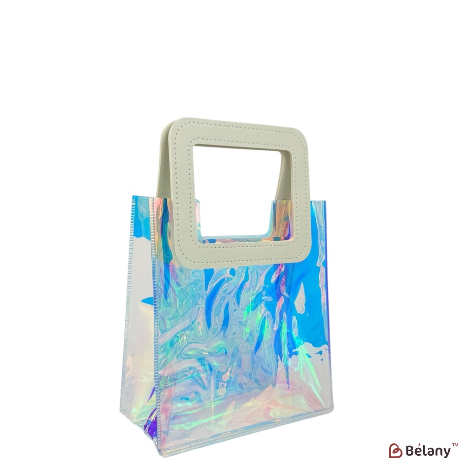 Cutie cadou iridescentă cu mâner pătrat din piele ecologică, 20×17×8 cm