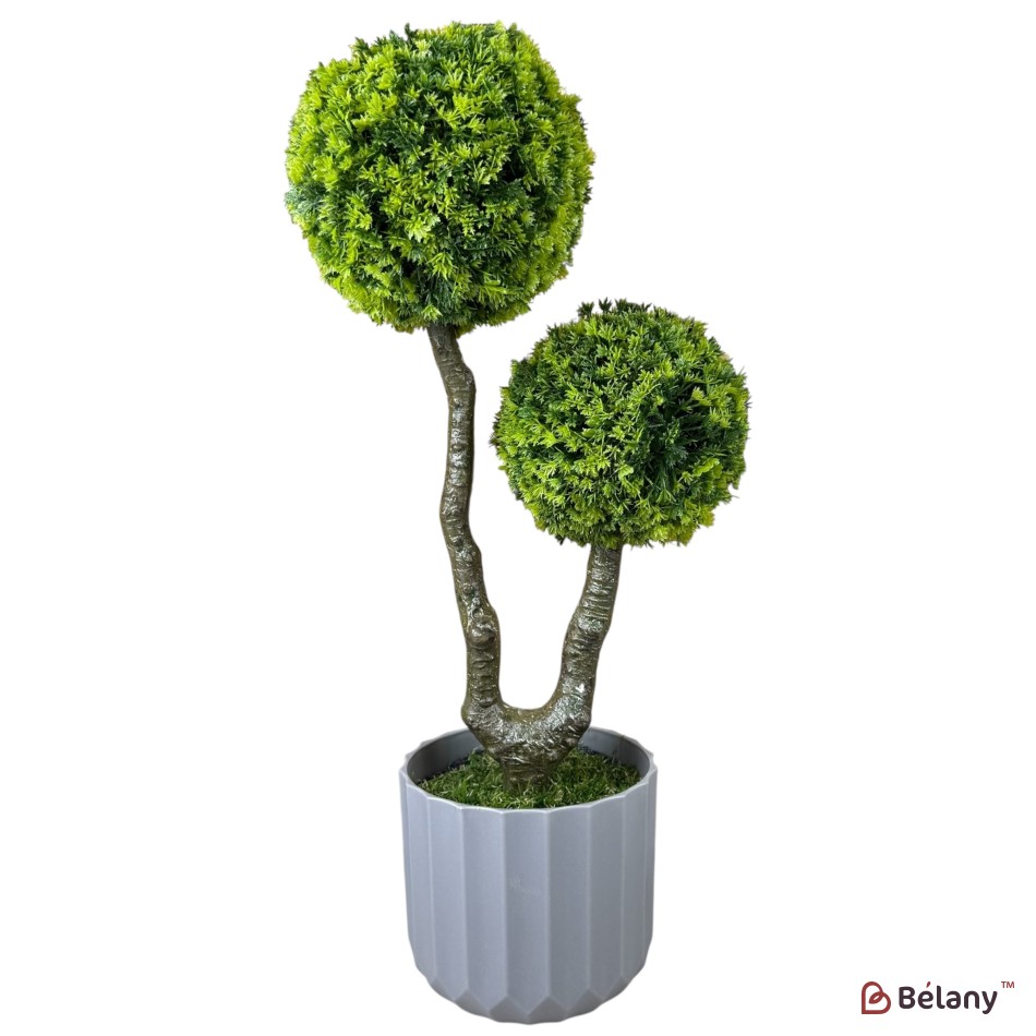 Copac decorativ artificial în ghiveci gri, cu 2 coroane verzi rotunde.