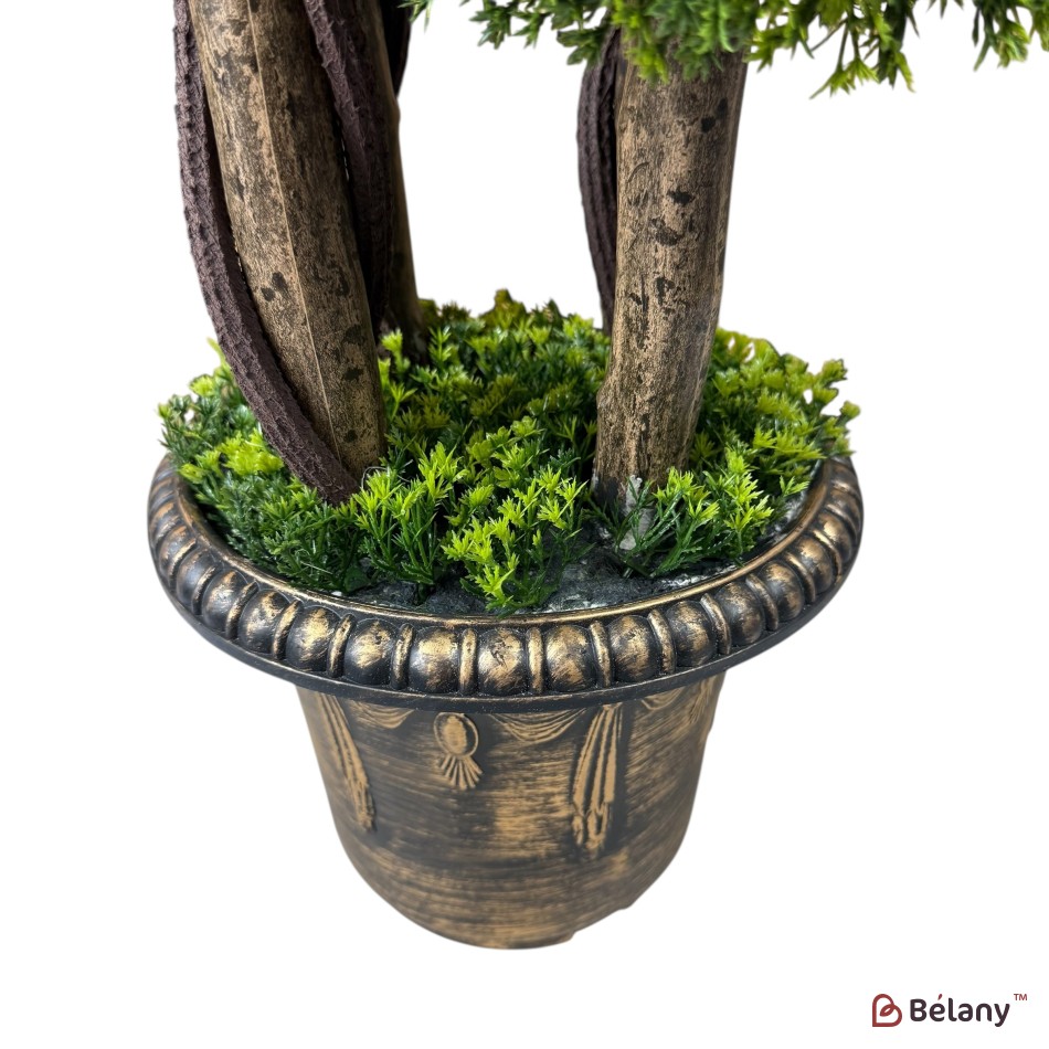 Brad decorativ artificial în ghiveci, stil bonsai, cu 4 coroane verzi – ornament de interior/exterior | 4