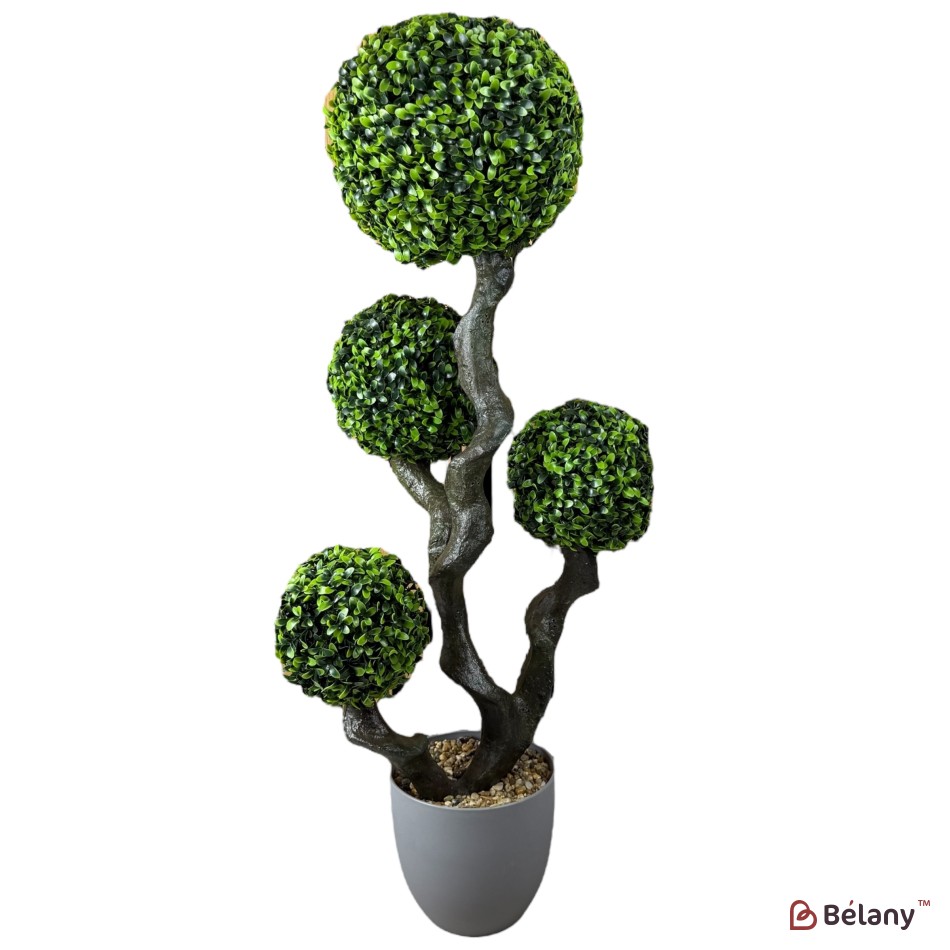 Arbore decorativ artificial, 90 cm, în ghiveci gri, cu 4 bile verzi ornamentale