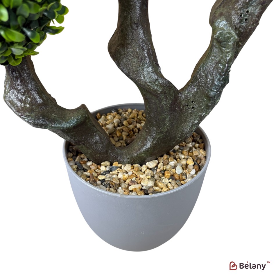 Arbore decorativ artificial, 90 cm, în ghiveci gri, cu 4 bile verzi ornamentale | 2